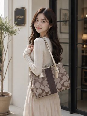 Coach Brown Kiss lock Signature Canvas Shoulder Bag with Gold Trim